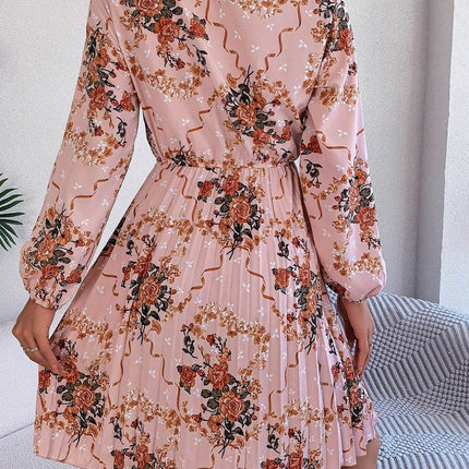 Pleated Printed Tie Neck Long Sleeve Dress - MimiStylez