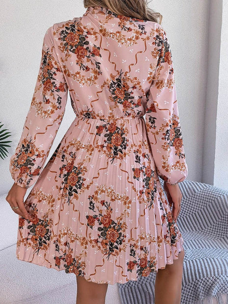 Pleated Printed Tie Neck Long Sleeve Dress - MimiStylez