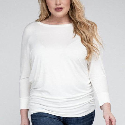 Plus Luxe Rayon Boat Neck 3/4 Sleeve Top - MimiStylez