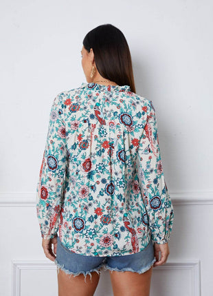 Floral Notched Long Sleeve Blouse - MimiStylez
