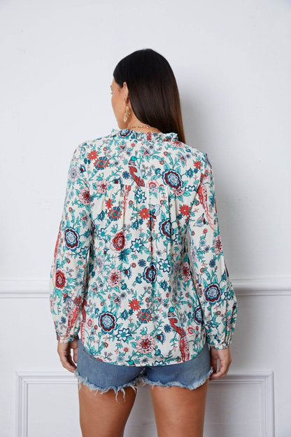 Floral Notched Long Sleeve Blouse - MimiStylez
