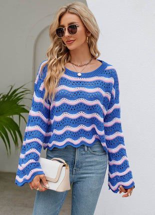 Round Neck Openwork Flare Sleeve Knit Top - MimiStylez