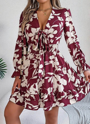 Tied Ruffled Printed Long Sleeve Dress - MimiStylez
