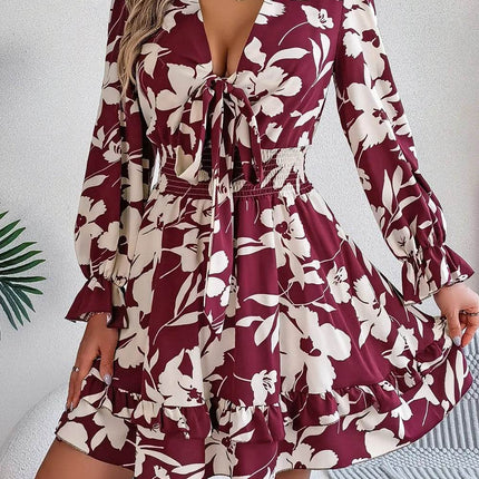 Tied Ruffled Printed Long Sleeve Dress - MimiStylez