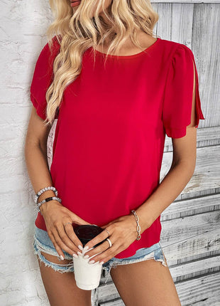Round Neck Slit Short Sleeve Top - MimiStylez