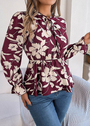 Printed Tie Neck Flounce Sleeve Blouse - MimiStylez