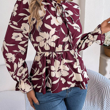 Printed Tie Neck Flounce Sleeve Blouse - MimiStylez