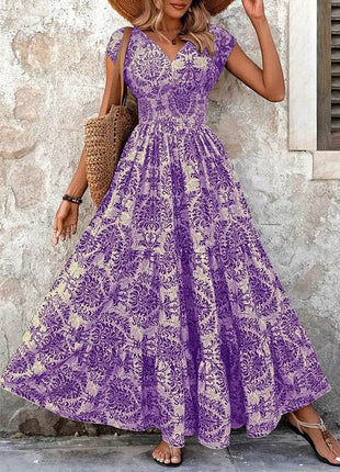 Women's Sexy V-Neck Short Sleeve Maxi Dress Summer Prints And Flowy Big Hem Beach Dresses - MimiStylez