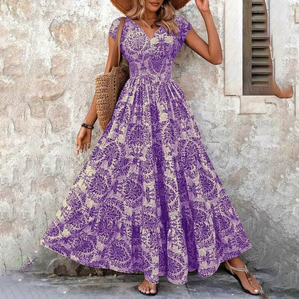 Women's Sexy V-Neck Short Sleeve Maxi Dress Summer Prints And Flowy Big Hem Beach Dresses - MimiStylez