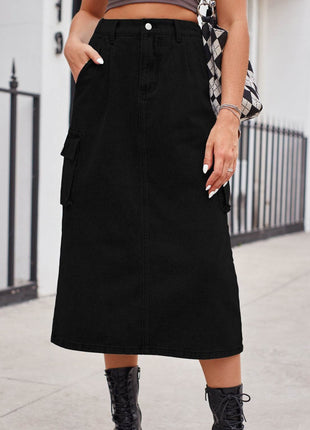 Slit Buttoned Denim Skirt with Pockets - MimiStylez