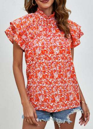Ditsy Floral Mock Neck Flounce Sleeve Blouse - MimiStylez