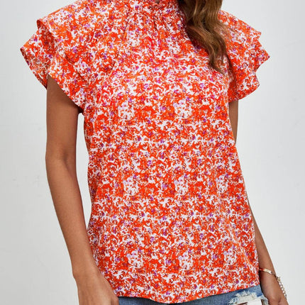 Ditsy Floral Mock Neck Flounce Sleeve Blouse - MimiStylez