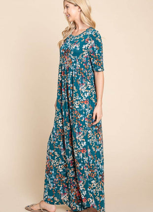 BOMBOM Printed Shirred Maxi Dress - MimiStylez