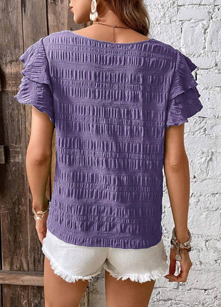 Round Neck Flounce Sleeve Blouse - MimiStylez