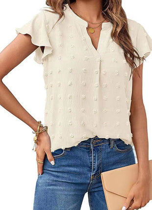 Women's Fashion V-neck Ruffle Sleeve Chiffon Shirt Short Sleeve - MimiStylez