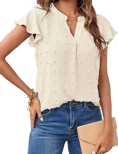 Women's Fashion V-neck Ruffle Sleeve Chiffon Shirt Short Sleeve - MimiStylez