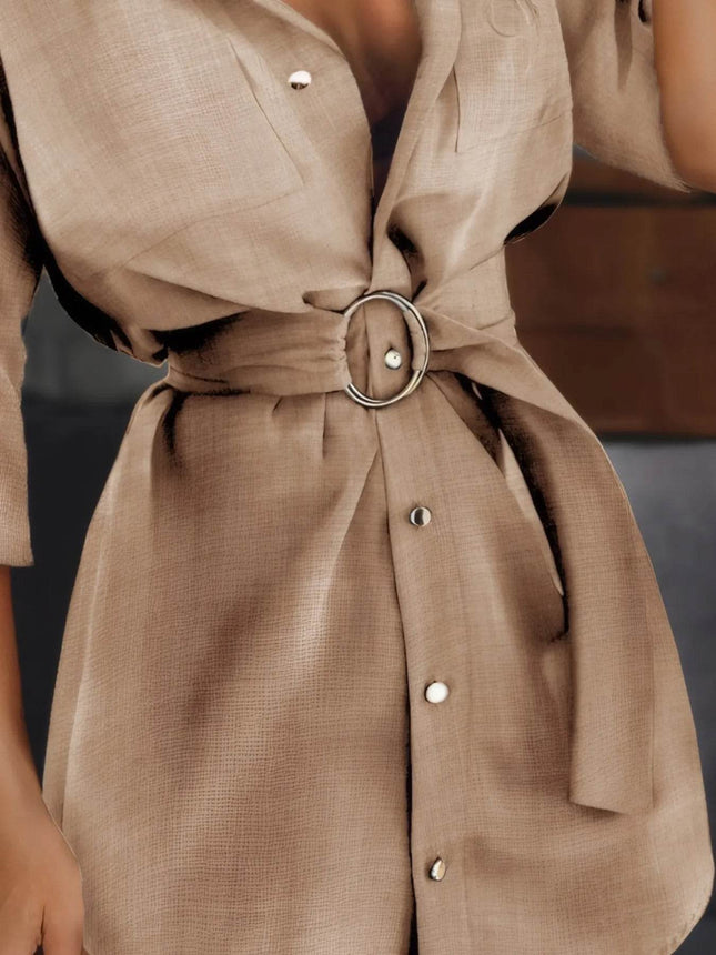 Button-Front Belted Shirt Dress - MimiStylez