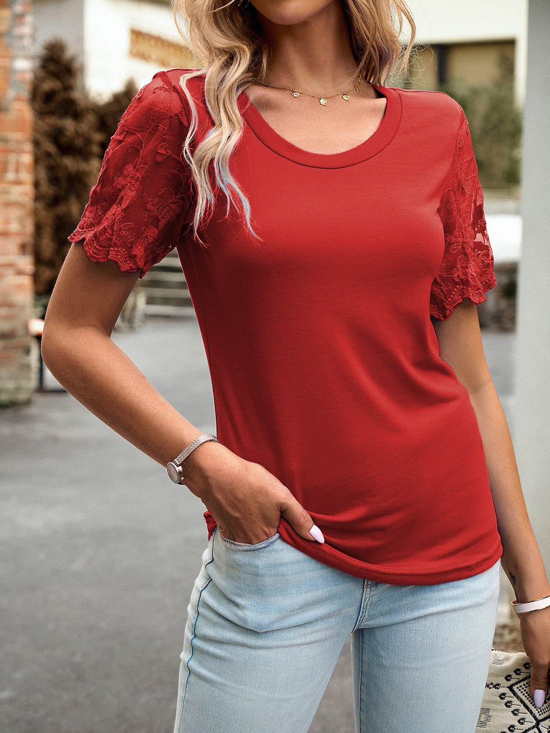 Lace Detail Round Neck Short Sleeve T-Shirt