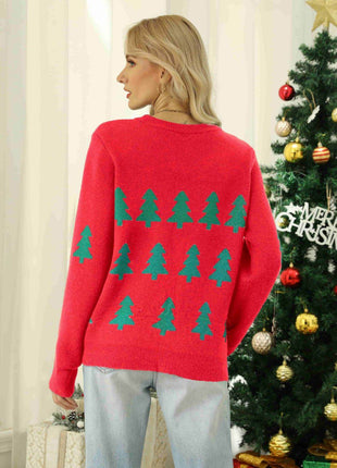 Christmas Tree Round Neck Ribbed Trim Sweater - MimiStylez