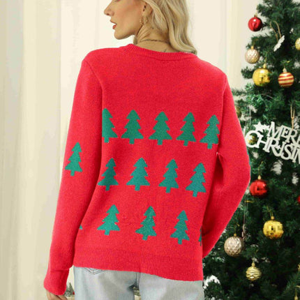Christmas Tree Round Neck Ribbed Trim Sweater - MimiStylez