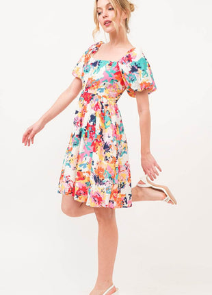 And The Why Square Neck Puff Sleeve Floral Dress - MimiStylez