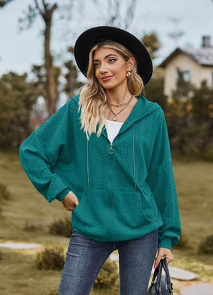 Zip Up Drawstring Long Sleeve Hooded Jacket - MimiStylez