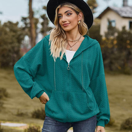 Zip Up Drawstring Long Sleeve Hooded Jacket - MimiStylez