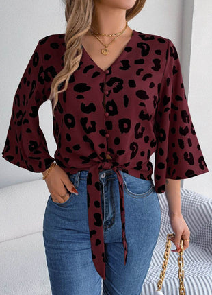 Tied Button Up Leopard V-Neck Blouse - MimiStylez