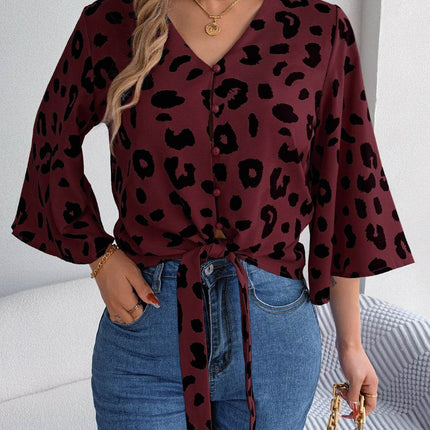 Tied Button Up Leopard V-Neck Blouse - MimiStylez