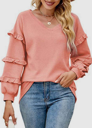 Ruffled V-Neck Long Sleeve T-Shirt - MimiStylez