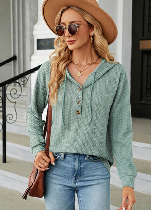 Drawstring Half Button Long Sleeve Hoodie - MimiStylez