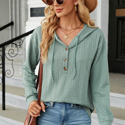 Drawstring Half Button Long Sleeve Hoodie - MimiStylez