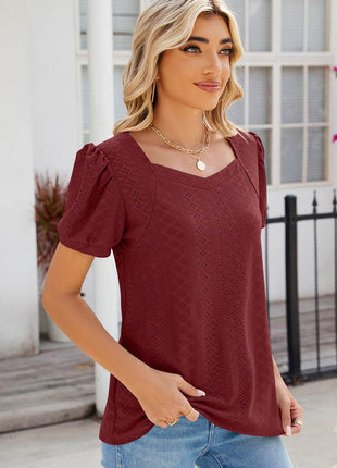 Eyelet Puff Sleeve T-Shirt - MimiStylez