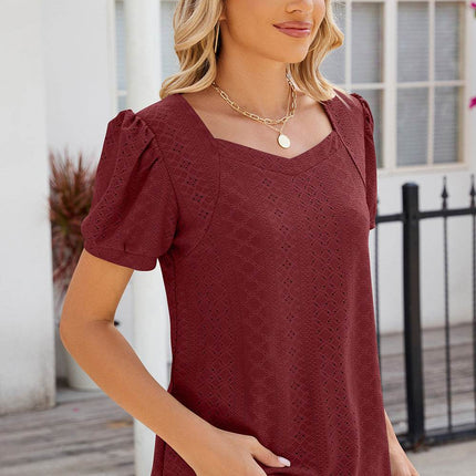 Eyelet Puff Sleeve T-Shirt - MimiStylez