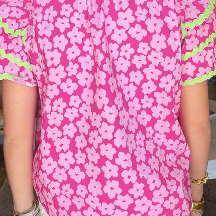 Printed V-Neck Flounce Sleeve Blouse - MimiStylez