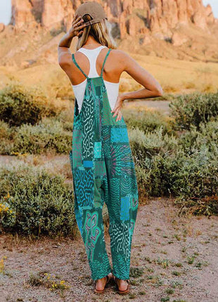 Full Size Printed V-Neck Sleeveless Jumpsuit - MimiStylez