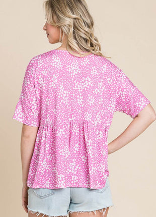 BOMBOM Floral Round Neck Peplum Blouse - MimiStylez
