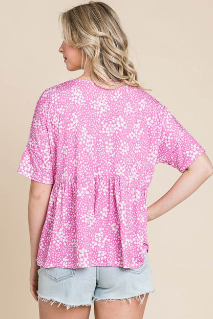 BOMBOM Floral Round Neck Peplum Blouse - MimiStylez