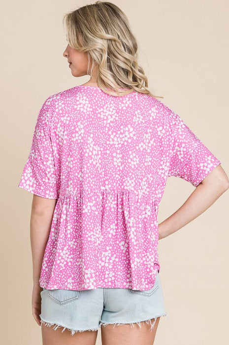 BOMBOM Floral Round Neck Peplum Blouse - MimiStylez