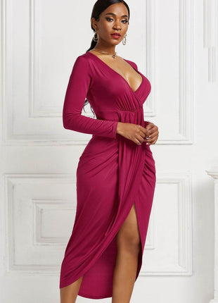 High-low Ruched Surplice Long Sleeve Dress - MimiStylez