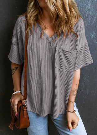 Textured V-Neck Dropped Shoulder T-Shirt - MimiStylez