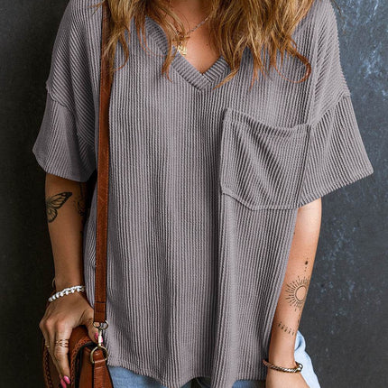 Textured V-Neck Dropped Shoulder T-Shirt - MimiStylez