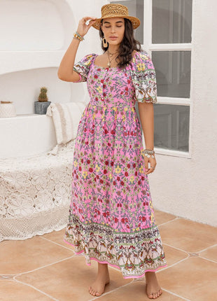 Plus Size Printed Square Neck Ruffle Hem Dress - MimiStylez