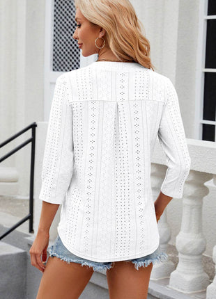 Eyelet Notched Knit Jacquard Top - MimiStylez