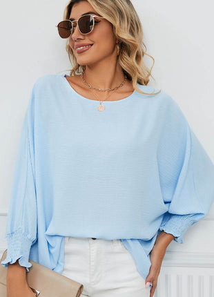 Smocked Lantern Sleeve Round Neck Blouse - MimiStylez