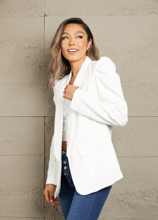 Double Take Puff Sleeve Shawl Collar Blazer - MimiStylez