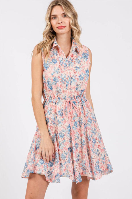 GeeGee Full Size Floral Eyelet Sleeveless Mini Dress - MimiStylez