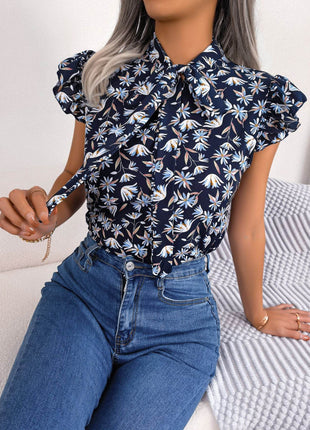 Floral Tie Neck Flutter Sleeve Blouse - MimiStylez