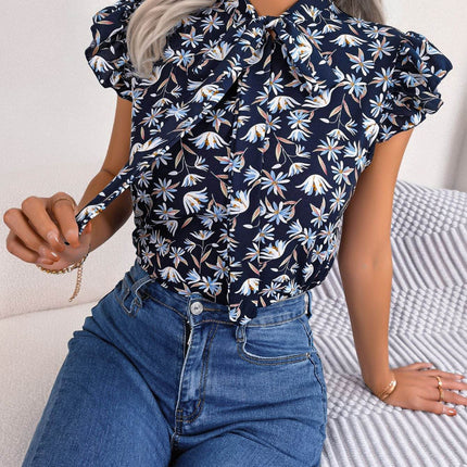 Floral Tie Neck Flutter Sleeve Blouse - MimiStylez