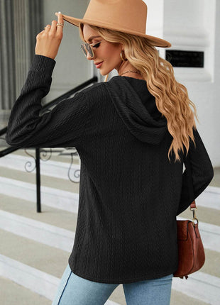 Drawstring Half Button Long Sleeve Hoodie - MimiStylez